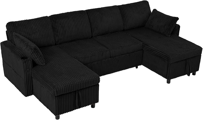 110" Corduroy U-Shape Sofa Bed with Adjustable Backrests, Upholstered Pull Out Sofa Bed with USB Ports, Convertible Sectional Sleeper Couch with Storage Chaise for Living Room, House, Black