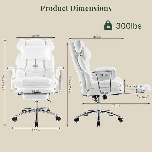 Executive Ergonomic Office Chair, PU Leather High Back Reclining Office Chair with Footrest and Lumbar Support, Height Adjustable Rolling Swivel Computer Chair for Home Office,White