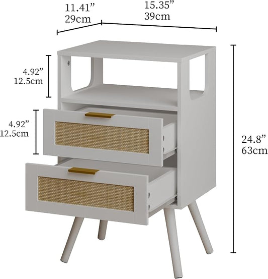 JOONEE Rattan Nightstand,Farmhouse Bedside Table with 2 Storage Drawer and Open Wood Shelf, for Bedroom and Small Spaces,Night Stand with Solid Wood Legs (White)