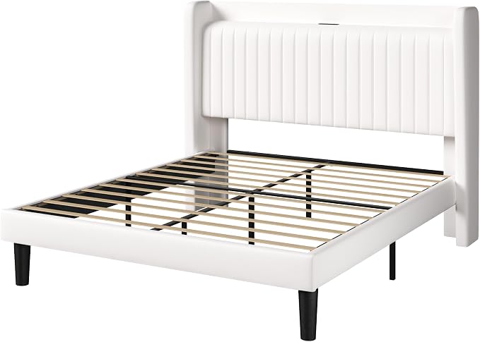 Allewie Full Size Platform Bed Frame with USB Charging Station and Storage Shelf/Upholstered Velvet Wingback Headboard/Wooden Slats Support/No Box Spring Needed/Easy Assembly, White