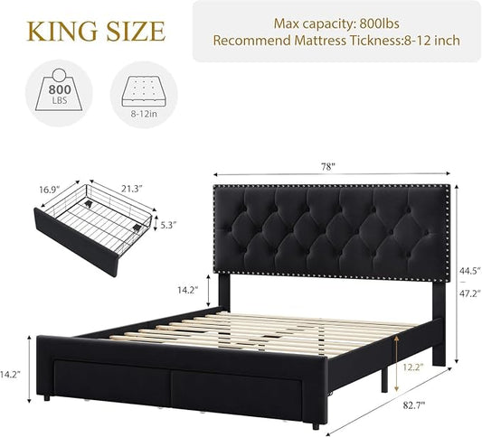 GarveeHome King Size Bed Frame with Storage Drawers — Velvet Upholstered Platform Bed with Vintage Headboard, Wooden Slat Support, Noise-Free, No Box Spring Needed, Black