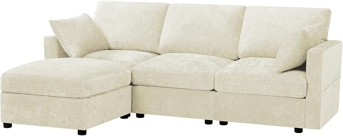 84” Chenille 3-Seats Sofa W/Movable Ottoman, Beige | Modern Fabric L-Shaped Couch w/Soft Backrests, Upholstered Sectional Sofa w/Arm Pillows for Living Room