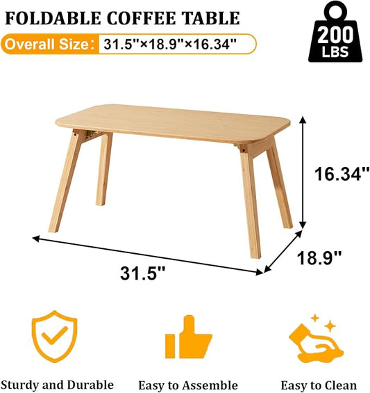 Baveke Folding Coffee Table- Foldable Floor Tables, Mid Century Coffee Table for Living Room, Small Coffee Tables Solid Wood Japanese Low Table for Sitting on Floor, No Assembly, 31.5''-Natural