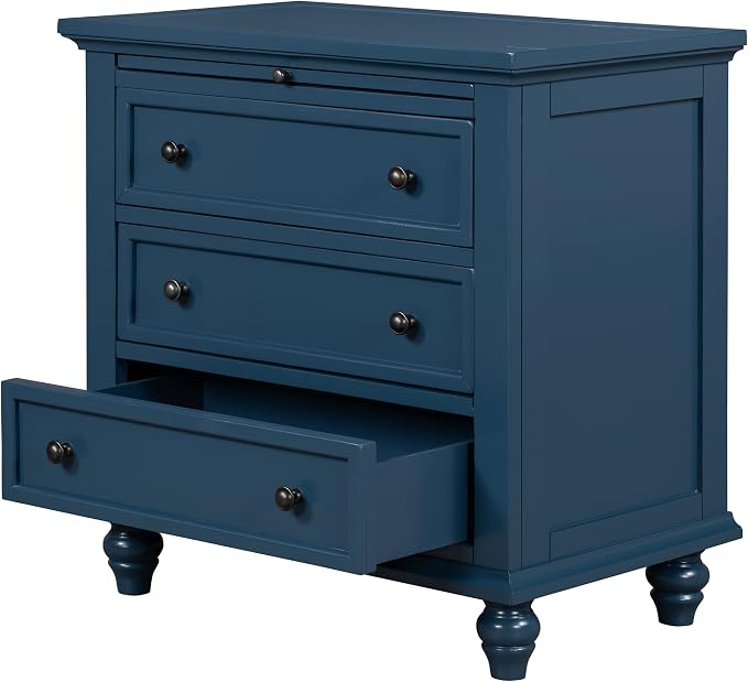 Merax Wood Nightstand with Drawers Set of 2, Bedside End Table with Pull Out Tray, Blue (No Guide Rails)