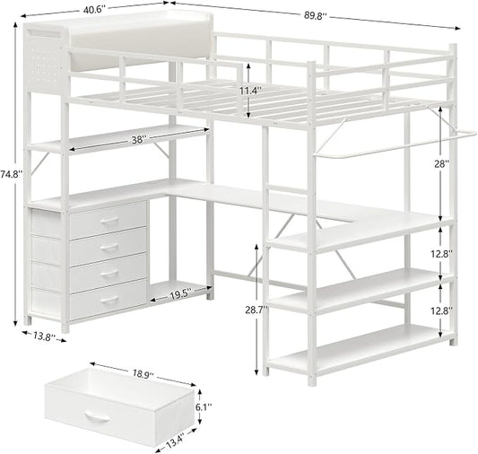 Loft Bed Twin Size with U-Shaped Desk, Metal Twin Loft Bed Frame with Storage Upholstered Headboard & LED Lights, Bunk Loft Beds with Power Outlet, Loft Beds with 4 Storage Drawers, Guard & Ladder