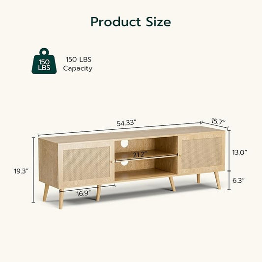 ZttRiee TV Stand with Rattan Doors for TVs up to 65", Mid-Century, Natural | 54.7"W x 15.7"D x 18.9"H, 150 lbs capacity, 2 rattan-door cabinets & 1 shelf (4 compartments), 2 cord holes, 6 wood feet