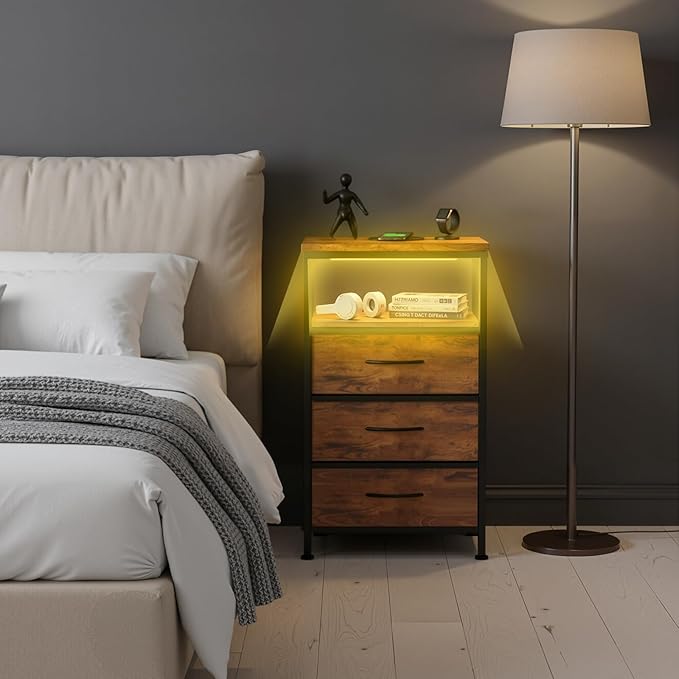 Sweetcrispy Nightstand with Charging Station, Bedside End Table with 3 Fabric Drawers, USB & Type-C Ports with AC Outlets, Adjustable Feet & Dimmable LED Light Strip, Modern Bedroom Furniture, Brown
