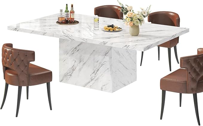 HSH White Faux Marble Dining Table, 63 inch Modern Dinner Table for 6 people, Farmhouse Rectangle Kitchen Table for Living Room, Large Wood Dining Room Tables with strong Pedestal, White Marble, 63 In