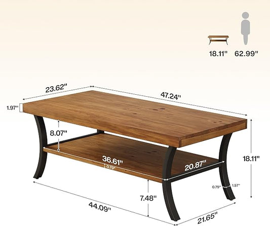 Solid Wood Coffee Table, 2-Tier Farmhouse Wood Coffee Table with Storage Shelf and Curved Metal Legs, 47" Center Table Industrial Rustic Living Room Tea Table