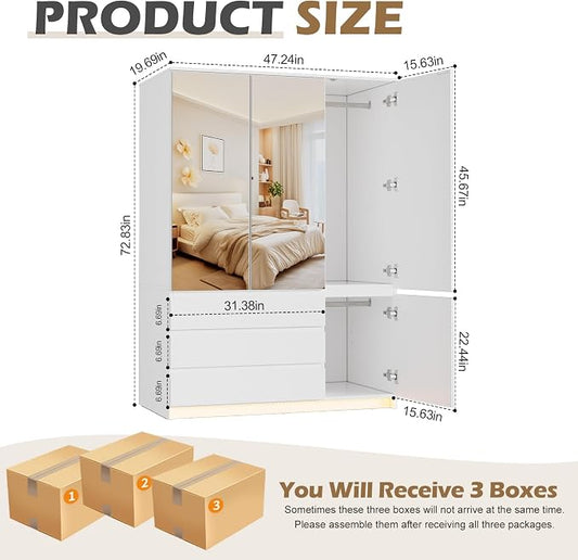 PAKASEPT 3 Doors Armoire Wardrobe Closet, 72.83" H Bedroom Armoires | Clothing Storage Cabinet with Mirror & Lights, 3 Drawers, Hanging Rod & Shelves for Bedroom