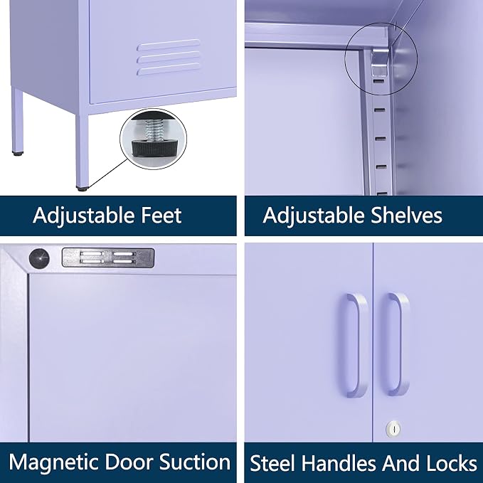 Multipurpose Accent Cabinet Locker, Metal Storage Cabinet with 2 Adjustable Shelves, Heavy Duty & Lockable Organizer Made of Thickened Steel, Easy Assembly for Home, Entryway, Purple