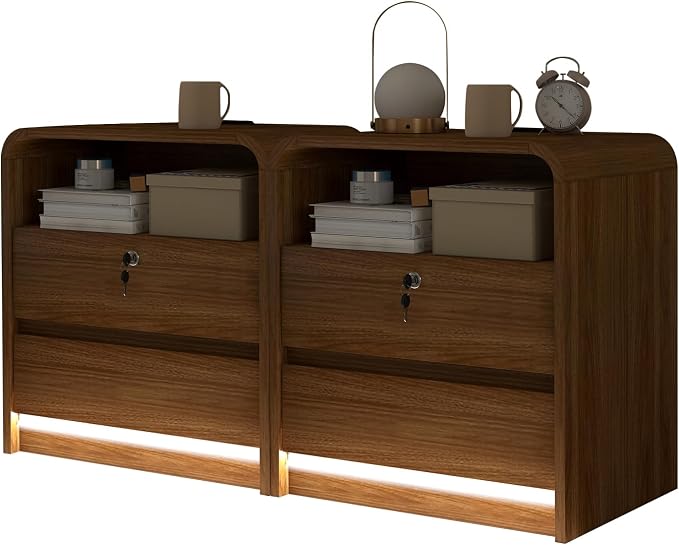 23.6" Walnut Nightstand Set of 2 with Charging Station, Motion-Activated LED Light & Soft Close Lockable Drawer, Anti-Collision Mid Century Modern Bedside Table with 500 LB Capacity & Hidden Storage