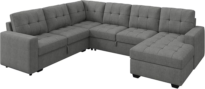 HONBAY Sleeper Sofa Bed with Storage Chaise, Sectional Couch with Pull Out Bed, U Shaped Sectional Sleeper Sofa Couch, Grey