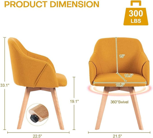 Swivel Dining Chairs Set of 2, Mid Century Modern Dining Chairs with Arms and Wood Legs, Linen Fabric Upholstered Kitchen Chairs for Dining Room Living Room, Comfortable Widen Seat, Yellow