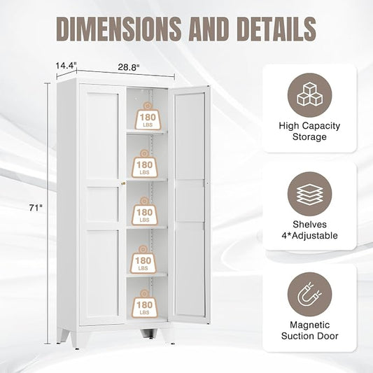 Yizosh Metal Storage Cabinet with 2 Doors and 4 Adjustable Shelves - 71" White Kitchen Pantry Storage 4-Tier Tall Steel Cabinets Locker for Kitchen, Living Room, Dining Room