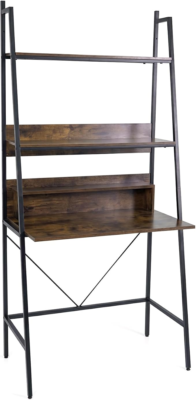 Tangkula 3-Tier Ladder Computer Desk, 71 Inch Modern Writing Desk with Storage Shelves, PC Laptop Workstation, Ladder Bookcase Stand Shelf with Metal Frame, Study Shelf Desk for Home Office (Brown)