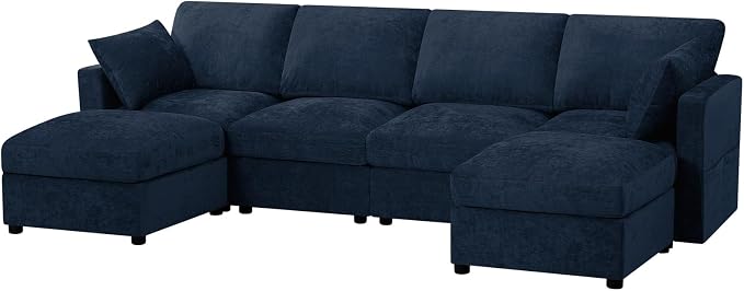 110” Chenille 4-Seats Sofa W/Two Movable Ottomans, Blue | Modern Fabric U-Shaped Couch w/Soft Backrests, Upholstered Sectional Sofa w/Arm Pillows for Living Room, Office