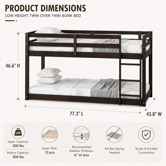 Twin Over Twin Bunk Bed, Low Profile Wooden Frame for Kids Bedroom, Floor Bunk with Ladder and Guardrails, Rubber Wood Construction, 13 Plywood Slats, No Box Spring Needed (Espresso)