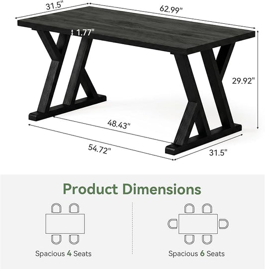 Solid Wood Dining Table for 4-6 People, 63 Inches Wooden Farmhouse Rectangular Kitchen Dinner Table with Heavy-Duty Legs for Home, Living Room, Dining Room, Black