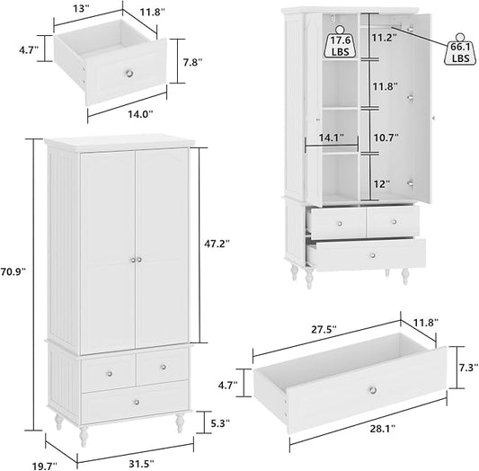 Bedroom Wardrobe Cabinet with 2 Doors, Wood Armoire Closet with Hanging Rod, Wardrobe Closet with 3 Drawers & Multi-Shelves for Clothes Organize, White (19.7" D x 31.5" W x 70.9" H)