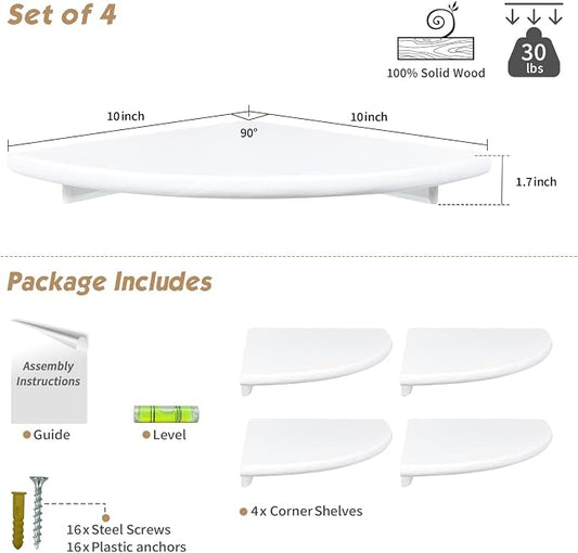 Forbena White Corner Floating Shelves for Wall Set of 4, Rounded Corner Shelves Wall Mounted for Kids Bedroom Books, Cute Wood Hanging Corner Shelf for Bathroom Decor, Living Room, Small Spaces