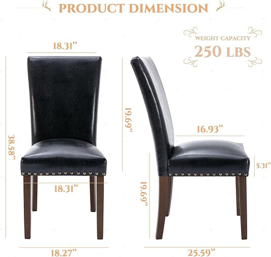 Parsons Dining Chairs Set of 4, Upholstered Nailhead PU Leather Dining Room Kitchen Side Chair with Thick Cushions and Wood Legs, Black