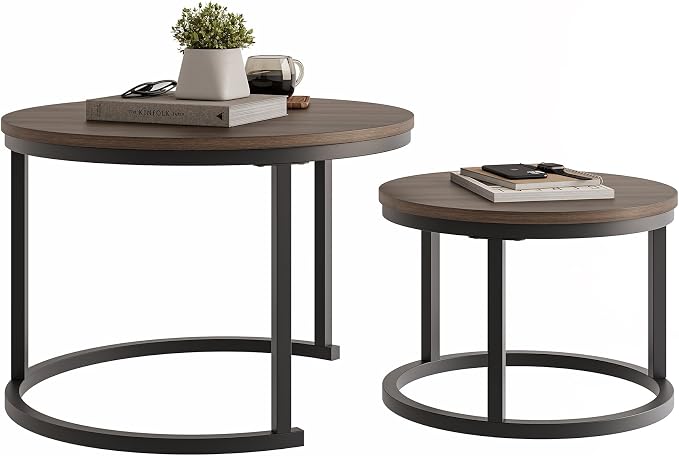 HOJINLINERO Round Coffee Table,Nesting Coffee Table Set of 2,Center Tables for Living Room,Office, Home Small Space,Stacking Side Tables,Sturdy and Easy Assembly,Wood Desktop,Walnut+Black,Large