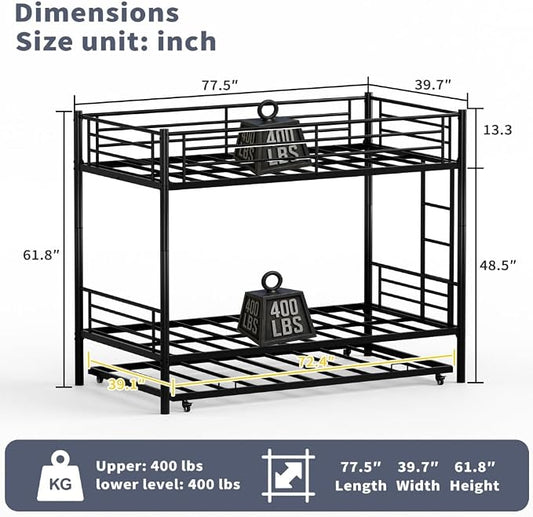 Metal Triple Bunk Bed, Twin Over Twins with Trundle, Heavy Duty Beds Frame with Ladder and Safety Rails for Small Bedroom, Space-Saving Noise Free (Black)
