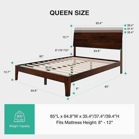Novilla Queen Bed Frame with 3-Level Adjustable Storage Headboard, Solid Wood Platform Bed Frame with Slats, No Box Spring Needed, Noise Free, Walnut Finish for Master Bedroom and Guest Room