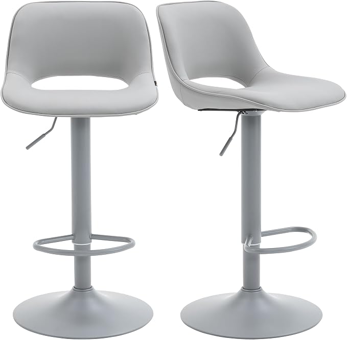 YOUNIKE Bar Stools Set of 2 All Grey Swivel Barstools, Compact Adjustable Counter Height Bar Stools Faux Leather Upholstered Counter Stools with Hollow Back for Kitchen Island