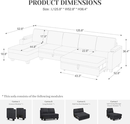 Belffin Modular Sectional Sleeper Sofa Bed with Storage Chaise L Shaped Sectional Couches for Living Room Armrest with Cup Holder. Dark Grey Couch