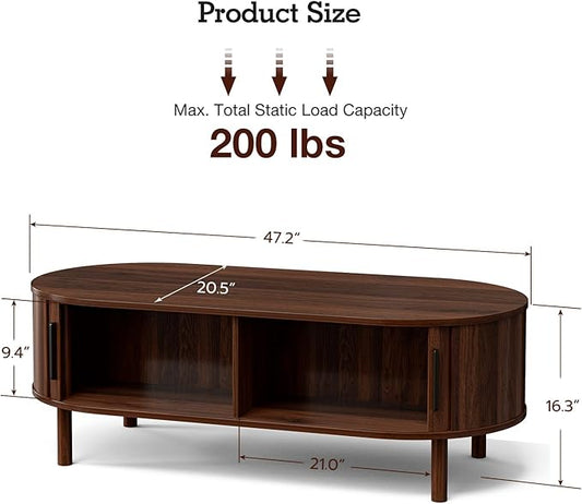 ZttRiee Oval Coffee Table with Sliding Doors, Mid-Century, Walnut | 47.24"L x 21.65"W x 16.14"H, 200 lbs capacity, 2 front & back storage areas, ~60 min assembly