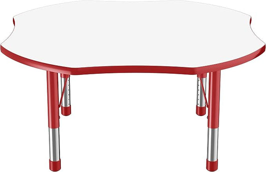 FDP Dry-Erase Clover Activity School and Classroom Kids Table (48 x 48 inch), Chunky Toddler Legs for Collaborative Spaces, Adjustable Height 15-24 inches - Whiteboard Top, Red Edge and Red Legs