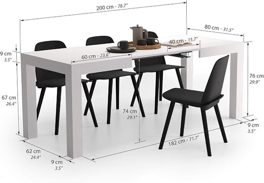 Mobili Fiver, First Extendable Table, 47.2(78.7) x31.5 in, Ashwood White, for 6-8 People, Expandable Dining Table for Kitchen, Living Room, Italian Furniture