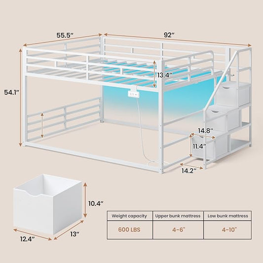 ADORNEVE Low Bunk Bed Full Over Full with Stairs, 3 Storage Drawers & Power Outlet, Full Size Metal Floor Bunk with RGB Lights & Shelves, Space-Saving Kids Bed, White