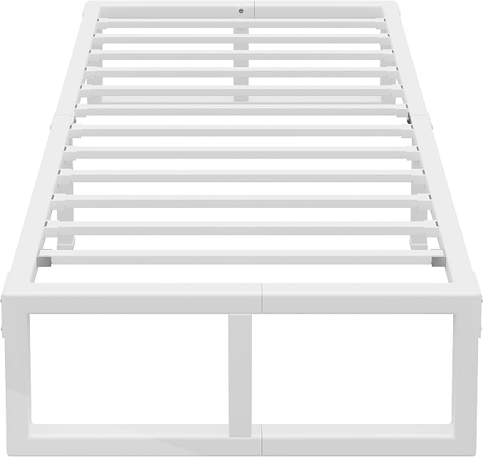 Twin Bed Frames, 14 Inch Metal Platform Bed Frame with Squeak Free U-Slot Design, 6 Non-Slip Guards, 3500lbs Heavy Duty Steel Slat Support, No Box Spring Needed, Under Bed Storage, White