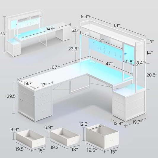 SEDETA L Shaped Gaming Desk with Drawers, Reversible Computer Corner Desk with File Drawer, Hutch, Storage Shelves for Home Office, Gaming Two Person Desk with Led Lights, Power Outlet, White