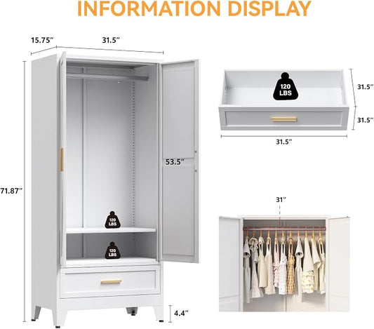 COFaR 71 Farmhouse Metal Wardrobe Closet with Hanging Rod, 2 Barn Doors, Adjustable Shelves, Steel Armoire with Drawer for Home, Bedroom White