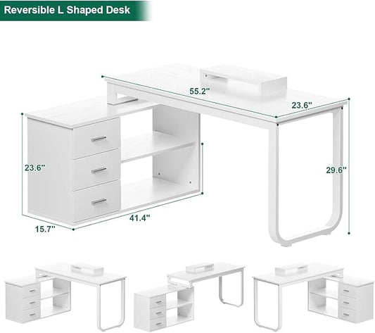 MaverickFurni 55" White Desk with Drawers and Shelves, Reversible L Shaped Desk with Monitor Stand, Home Office Desk with Storage for Work Writing Study, White