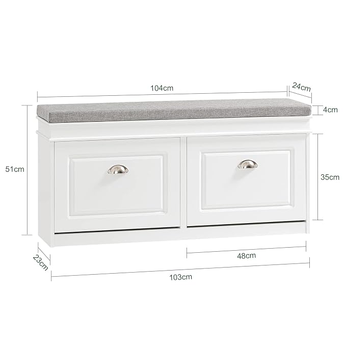 SoBuy White Storage Shoe Bench with 2 Flip Drawers, Hidden Shoe Bench, Free Standing Shoe Rack, Shoe Cabinet, Hallway Storage Bench with Seat Cushion FSR64-W