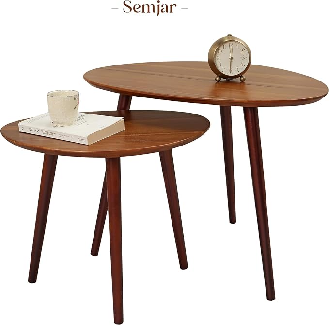 Small Oval Coffee Tables Set,Acacia Wood Nesting Tables(25.6"x17.7"+17.7"x13.4" for Living Room Small Spaces Office,Easy Assembly Wooden Minimalist Walnut Mid Century Modern Coffee Table