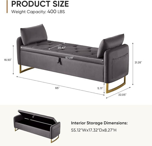 65" End of Bed Storage Bench, Modern Storage Benches for Foot with Tufted Button and Gold Legs, Upholstered Window Bedroom Benches with Armrests, Dark Grey