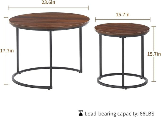 Round Nesting Coffee Table Set of 2, Modern Marble Pattern Wooden Nesting Tables, Stacking Minimalist End Table for Living Room Bedroom Small Space, (Black Leg+Brown top)