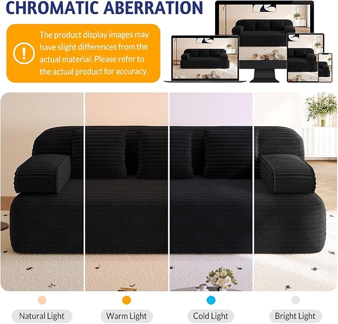 Convertible Sofa Bed, 78.7" Frameless Floor Sofa-in-a-Box, Corduroy Boneless Couch for Small Space Apartments, Queen Sleeper Sofa for Everyday Use, 3 Pillows Included, No Assembly (Black)