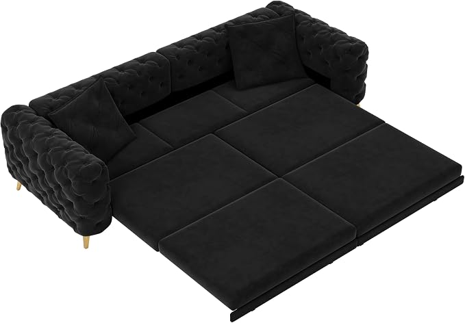 97.7'' Pull Out Sofa Bed King, Chesterfield Velvet Sleeper Sofa, Convertible L-Shaped Futon Couch, Tufted Back, Ottoman, Deep Seat Loveseat Couches for Living Room, Apartment, Black