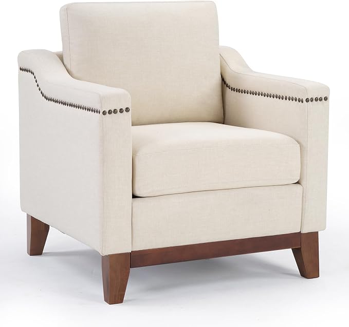HAOMARKETS Vintage Upholstered Armchair with Nailhead Trim and Solid Wood Legs, Comfortable Accent Chair for Living Room & Bedroom, Beige
