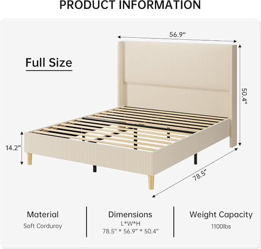GarveeHome Full Size Bed Frame, Upholstered Platform Corduroy Bed Frame with Vertical Channel Tufted Wingback Headboard, Strong Wooden Slats, No Box Spring Needed, Easy Assembly, Creamy Beige