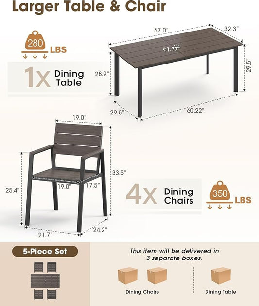 Outdoor Dining Set for 4, Aluminum Patio HDPS Outdooor Table and Chairs Set with Umbrella Hole, All Weather Patio Furniture Set, 5 Peice Patio Dining Table Set (Charcoal)