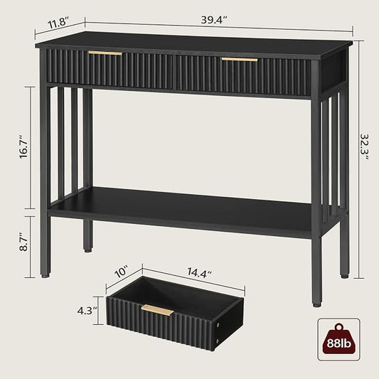 MAHANCRIS 39.4" Console Table with 2 Drawers, Narrow Long Entry Table with Storage Shelf, 2-Tier Fluted Entryway Table with 2 Drawers, for Entryway, Living Room, Foyer, Hallway, Office, Black CTHB5101