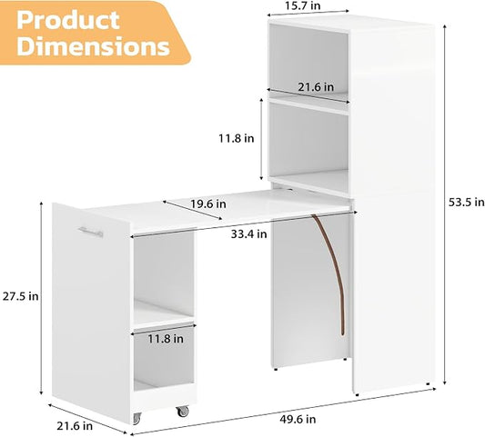 Zevemomo Folding Desk with Storage, Convertible Table with Shelves & Wheels, Craft Cabinet with Fold Out Table, Compact Computer Desk for Small Space, Reversible L Shaped Desk - White